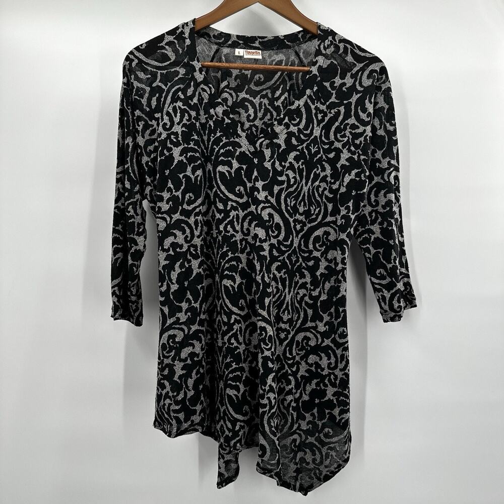 Tianello Top‎ Shirt Womens Large Black Tunic Art Stretch Burn out Asymmetrical